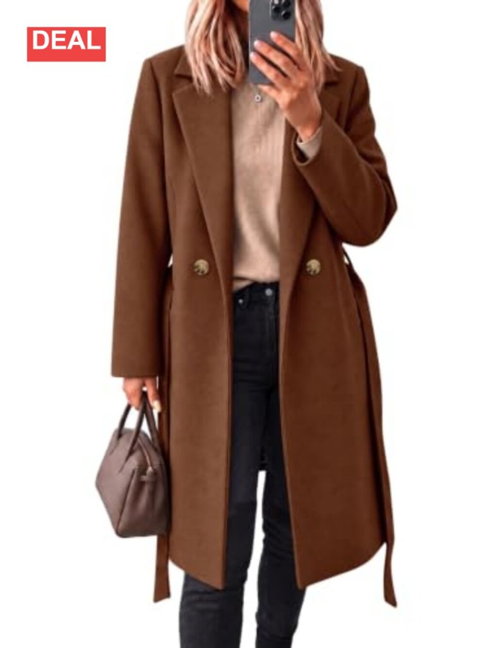 Womens Notched Lapel Double Breasted Pea Coat Long Overcoat Belted Jacket